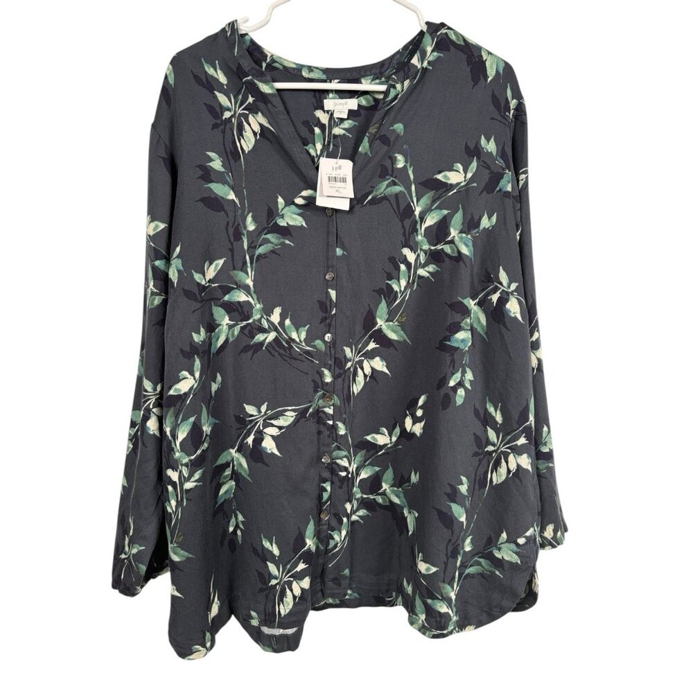 NWT J. Jill Pure Jill Floral Leaf Print Button Tunic Top Blouse XL Blue Green